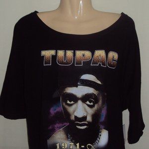 New Tupac Profile Ladies Size L Black Graphic Shoulder Dropped Band Tee.